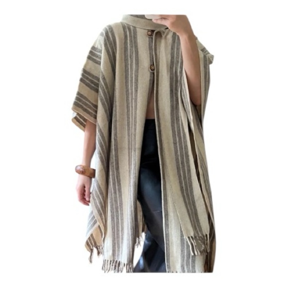 Vintage Wool Striped Fringe Blanket Cape Poncho Coat One Size Boho Wrap